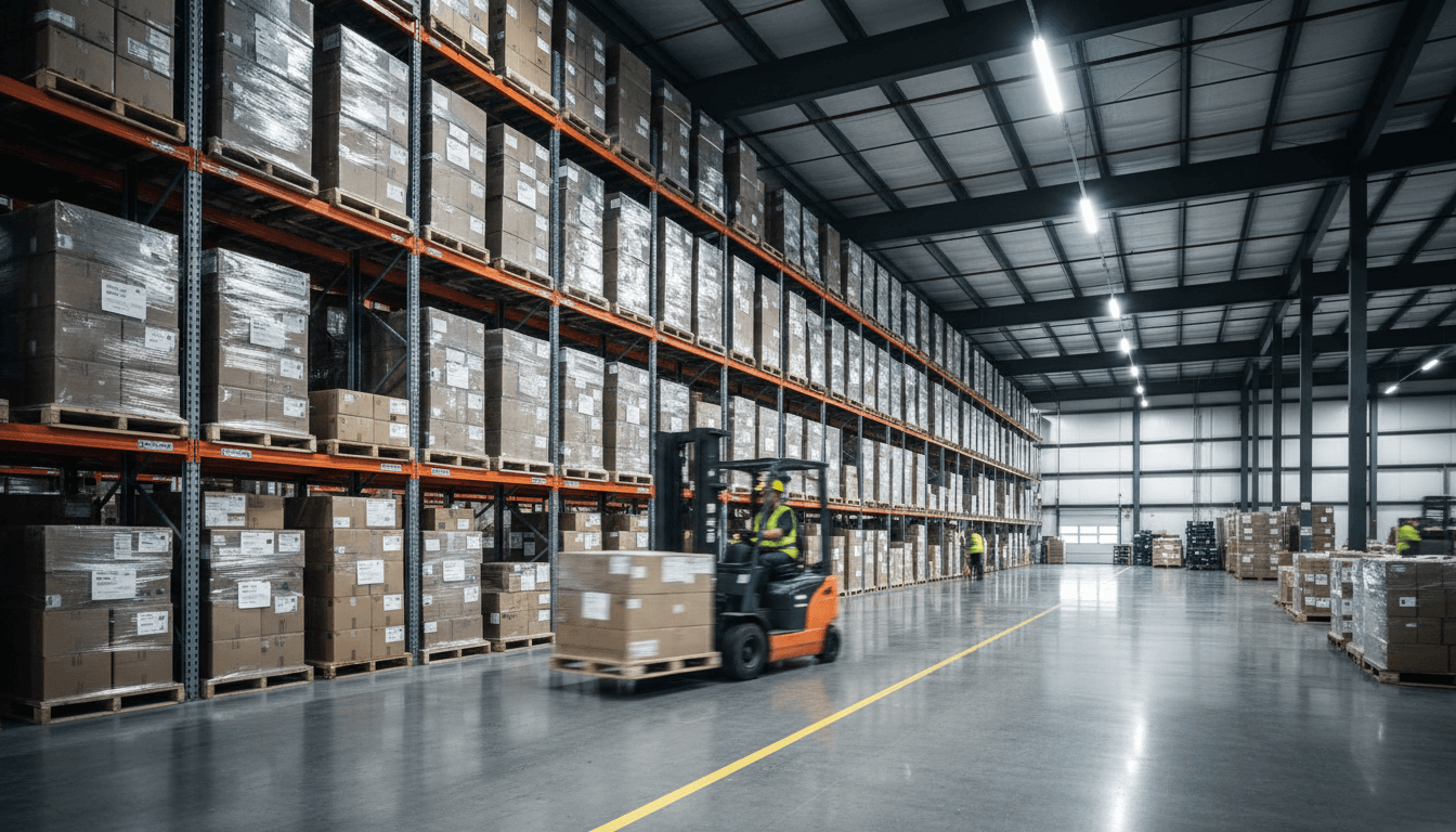Logistics warehouse interior with organized shipments and forklift operator at work