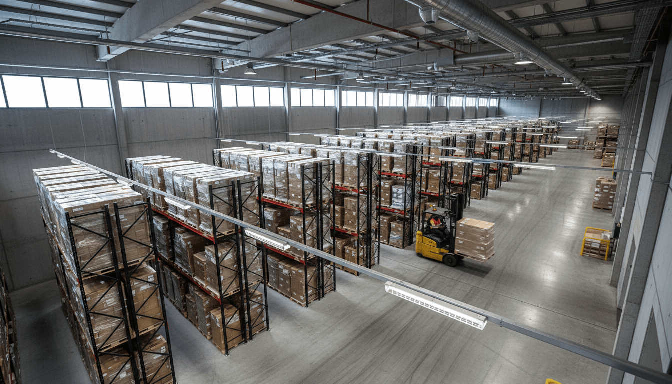 Logistics warehouse interior with organized inventory and forklift operation