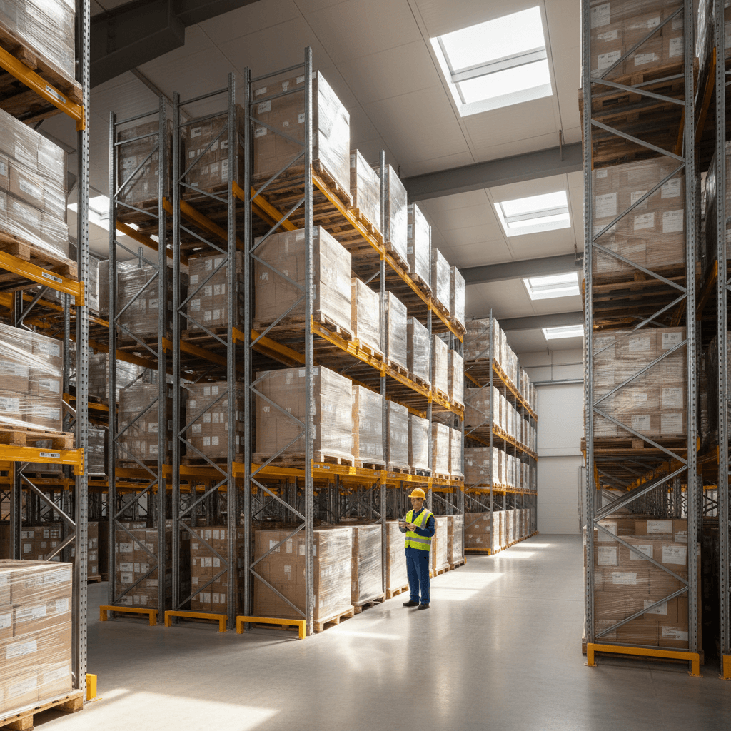 Organized warehouse interior with storage racks and worker