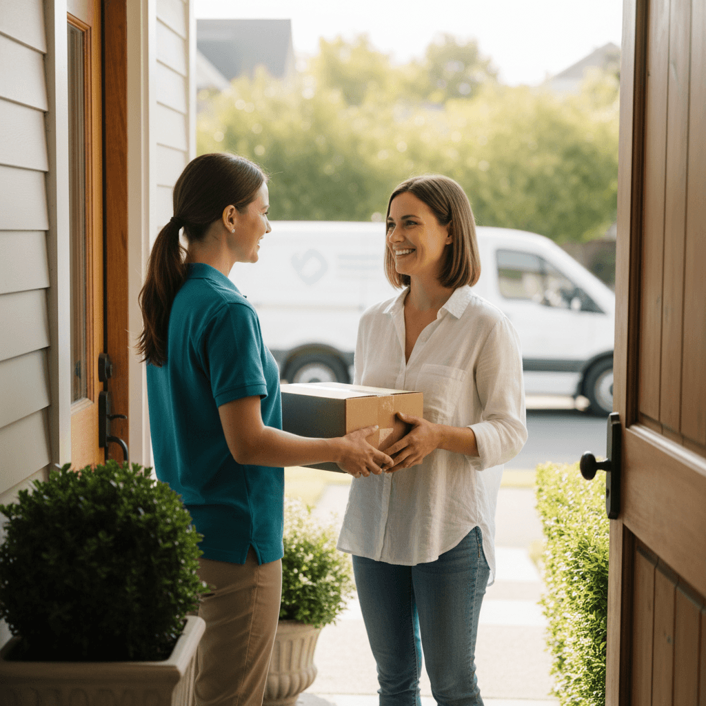Delivery driver handing package to customer at door