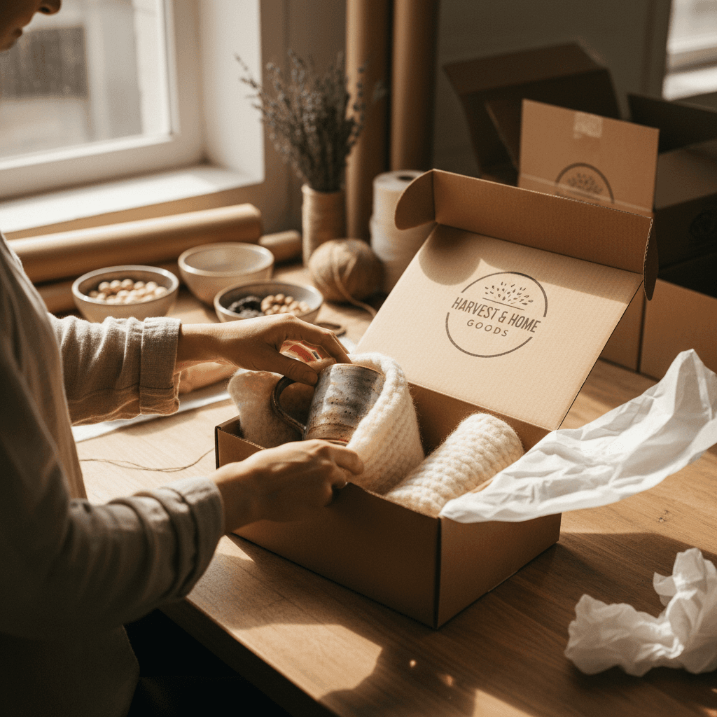 Hands carefully packing product into box for fulfillment