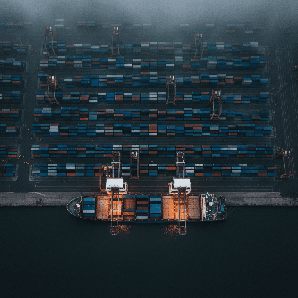 International cargo port with stacked containers and ship