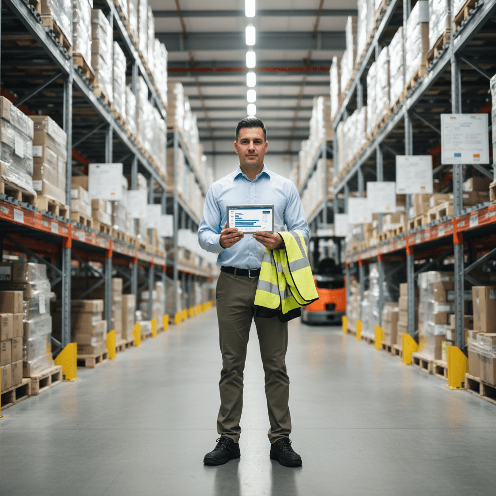 Logistics manager reviewing inventory management system