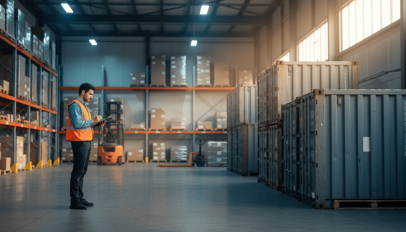Logistics worker inspecting cargo in a busy Mississauga warehouse